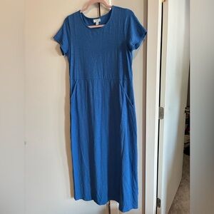 Blue Casual Midi Dress, flattering seams with pockets.
